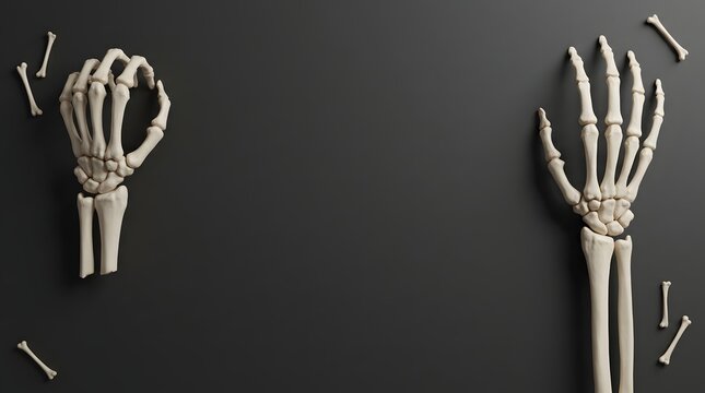 Human skeletal hands and scattered bones on a dark textured background