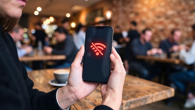 Woman holding smartphone with no internet connection icon on screen in cafe abstract background with flowing shapes and lines