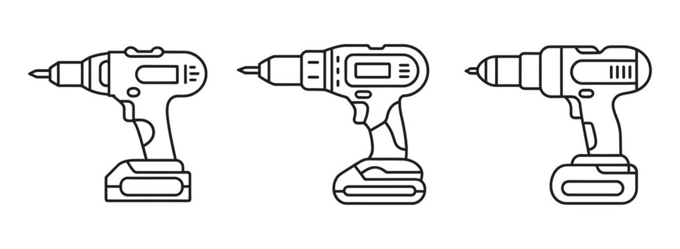 Drill set, hand drawn minimalist doodle tools, power drill symbols, construction equipment, workshop repair graphics, mechanical maintenance concepts, DIY tools and vector illustration.