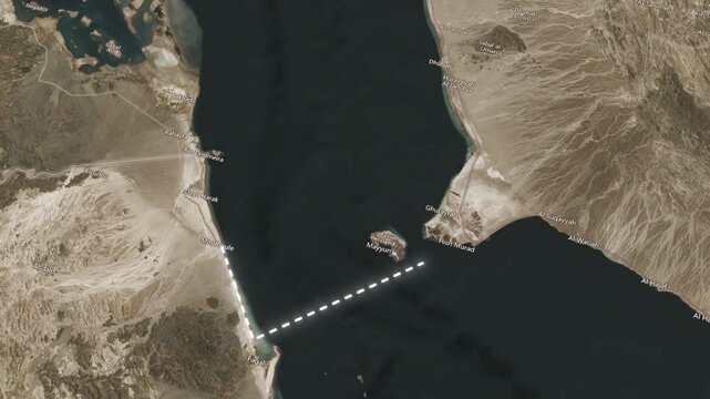 Bab al Mandab strait satellite zoom in with red warning icon indicating strategic choke point.