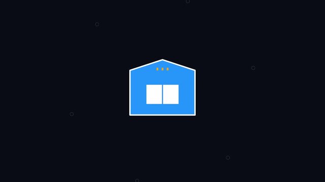 Blue house icon graphic symbol animation on dark background