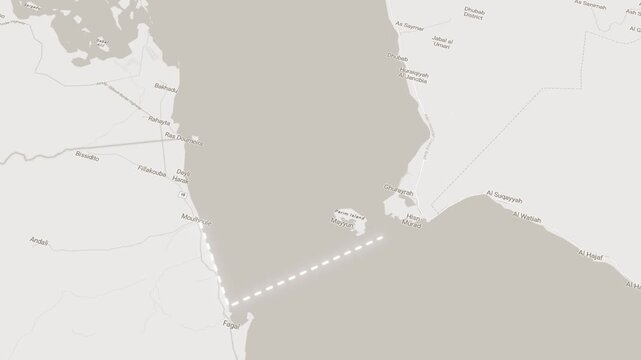 Bab el Mandeb strait map visualization zoom out with geographic borders and red danger alert symbol.