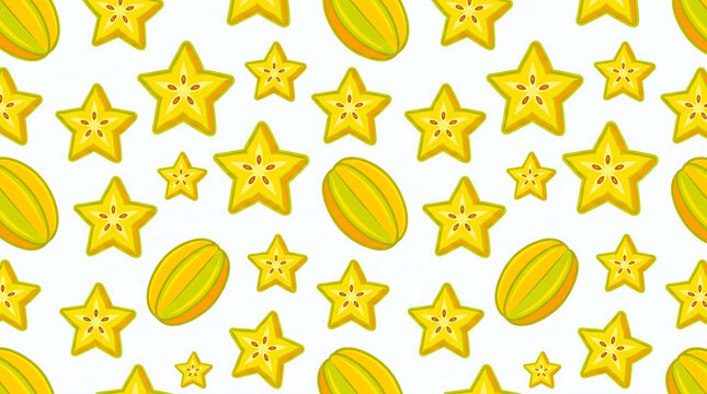 Seamless pattern of fresh yellow starfruit carambola whole and sliced on white background.