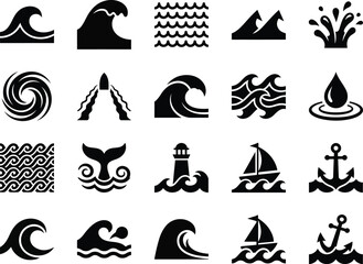 Fototapeta premium Set of black and white nautical and ocean wave vector icons