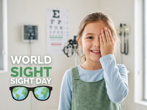 A young girl covering one eye during an eye examination in an optometrist's office for World Sight Day with an eye chart and vision testing equipment in the background