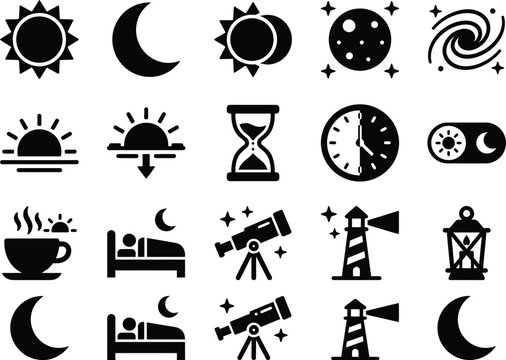 Set of black silhouette astronomy and time passing icons isolated on white background