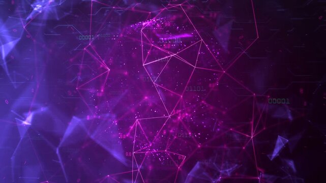 Abstract dark purple and pink digital plexus network background with interconnected nodes and lines representing data science technology