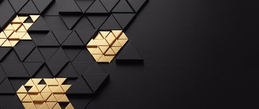 Abstract geometric pattern of interlocking triangles in matte black and metallic gold, luxurious texture, modern digital background with copy space