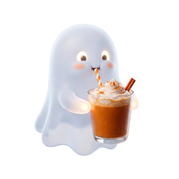 Cute cartoon ghost enjoying a pumpkin spice latte with whipped cream and cinnamon sticks for Halloween PNG Isolated on transparent background