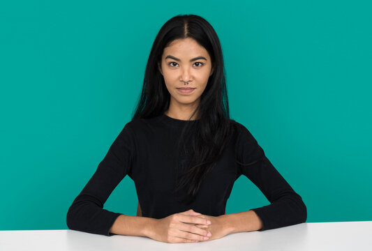 Young woman casual studio portriat in crop-top
