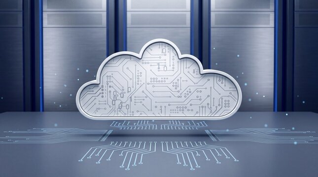 Digital cloud computing symbol with intricate circuit board patterns, representing data storage, network technology, and online services in a server room