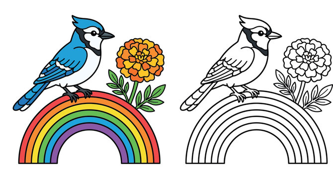 Cartoon Blue Jay Bird Perched on a Rainbow Arch with a Marigold Flower