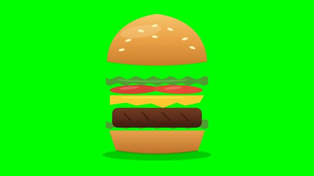 Cartoon burger ingredients stacking on a chroma key green background