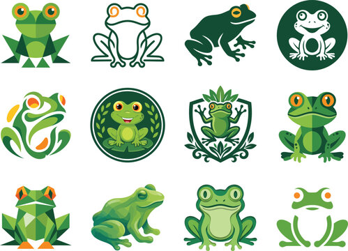 Colorful set of cartoon frogs and toads in a nature-themed illustration isolated on transparent background, Vector