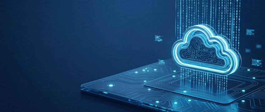 Glowing blue cloud icon emanating data streams above a digital circuit board, representing cloud computing and data transfer concepts