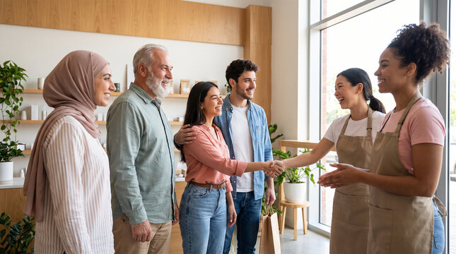 Diverse group of people interacting happily in a modern retail store, with staff welcoming customers