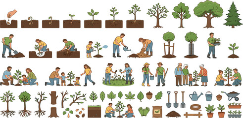 Naklejka premium Plant life cycle vector set with tree growth stages people gardening icons elements