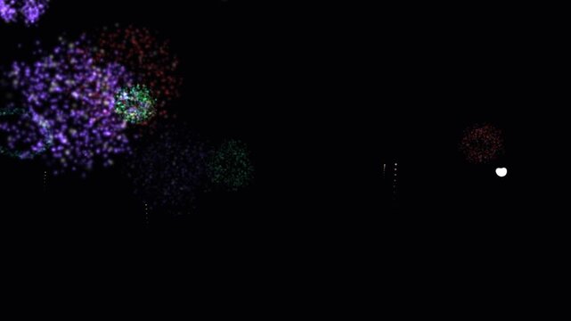 Multicolor New Year fireworks burst across a dark night sky with colorful peony, willow, ring and palm explosions, glowing sparks and rocket trails in a seamless 10-second loop.