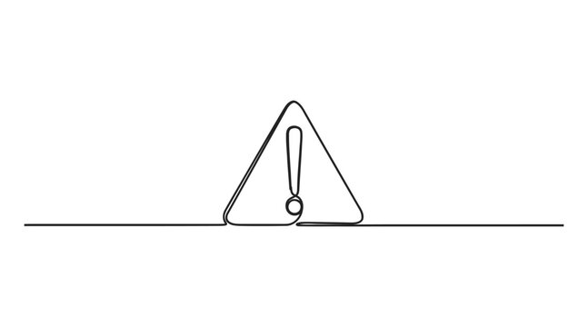 Continuous line art vector illustration of a warning triangle sign featuring an exclamation mark, black and white