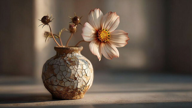 Delicate pink cosmos flower in a crackled ceramic vase with soft warm lighting. Generated by AI.