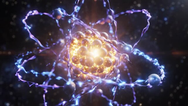 Dynamic abstract atom with glowing core and energetic orbiting particles.