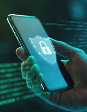 Hand holding smartphone with glowing padlock shield and digital code