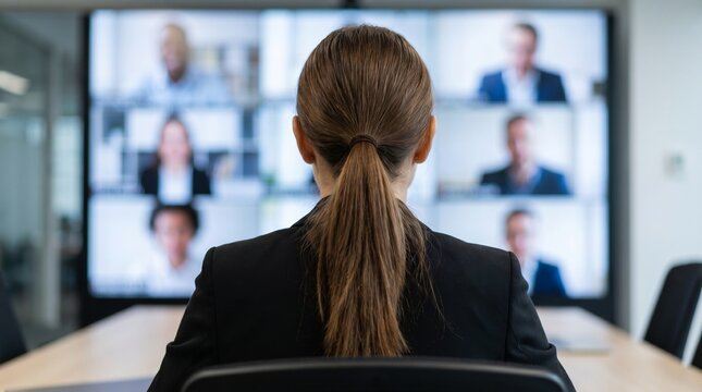 Businesswoman attends a virtual video conference meeting large conference screen