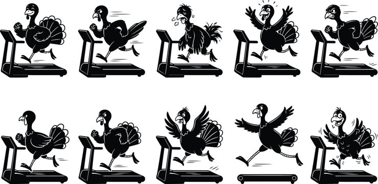 Turkeys running on treadmills depicted in a black and white vector illustration turkey poultry fowl bird exercise treadmill gym fitness workout athletic active cartoon graphic