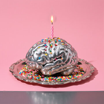 Silver brain cake with striped birthday candle and colorful sprinkles on ornate plate against pink background, creating playful celebration concept with metallic texture
