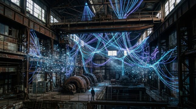 Cinematic wide shot of a man standing in an abandoned industrial factory filled with glowing digital data lines and neural network connections, blending old machinery with futuristic technology.