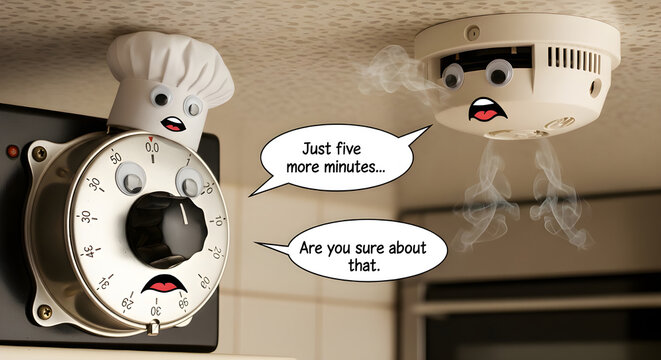 Cartoon kitchen timer telling worried smoke alarm Just five more minutes while smoke rises