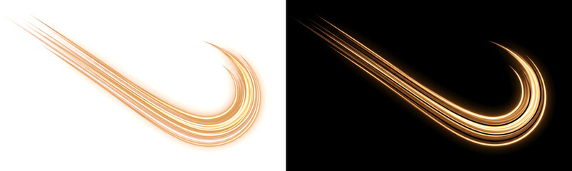 Obraz premium Golden light streaks curve into a bold hook shaped swoosh for dynamic sports and technology designs with PNG, Transparent and Black Background Versions