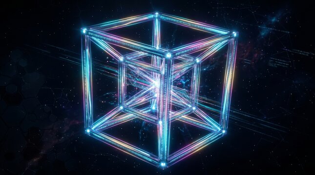Abstract 3D render of a glowing tesseract hypercube in cyberspace featuring neon binary code strings and a cosmic background, representing quantum computing, data security, and digital dimensions