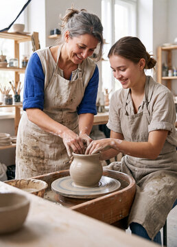 Smiling mature female pottery teacher helping young woman sculpt a ceramic vase on a potter wheel in an art studio
