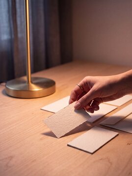 Woman hand holding a blank textured paper business card on a wooden desk with stationery mockup and warm lamp light