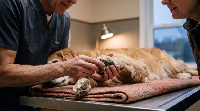 Veterinarian gently examines the paw of an older golden retriever lying on an examination table in a clinic