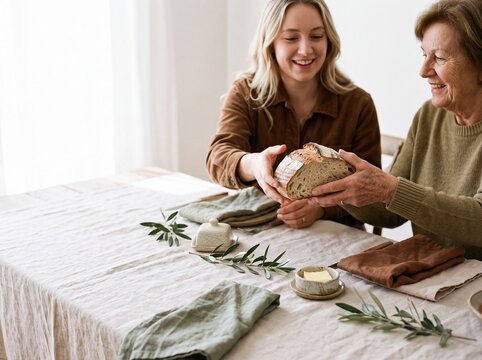 A smiling young woman sharing freshly baked sourdough bread with her senior grandmother at a rustic dining table