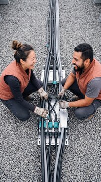 Two smiling multiethnic technicians working together installing heavy duty power cables outdoors on an industrial site
