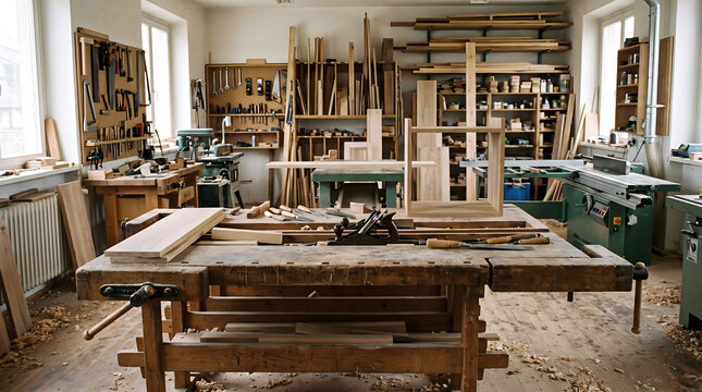 Un taller de carpinter&iacute;a tradicional bien equipado con herramientas de mano y madera en un espacio de trabajo artesanal