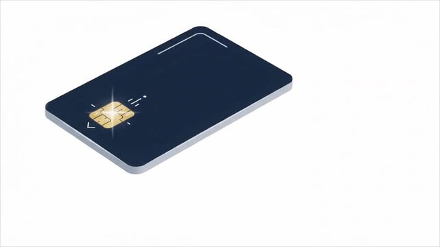 Isometric view of a dark blue credit card with a glowing chip.