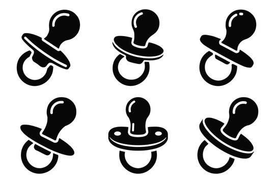 Set of baby pacifier icons for infant care with baby product baby equipment pacifier icon baby dummy nursery icon black icon isolated design