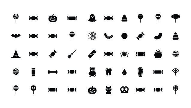 Collection of halloween themed black silhouette icons including candy and spooky motifs with witch hat trick or treat set of icons halloween