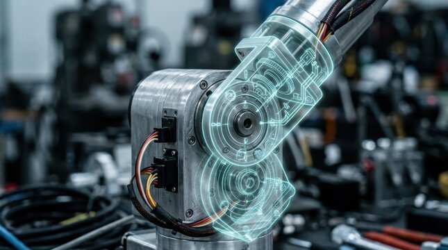 Robotic arm joint with mirrored digital twin overlay servo cables and brushed aluminum casing