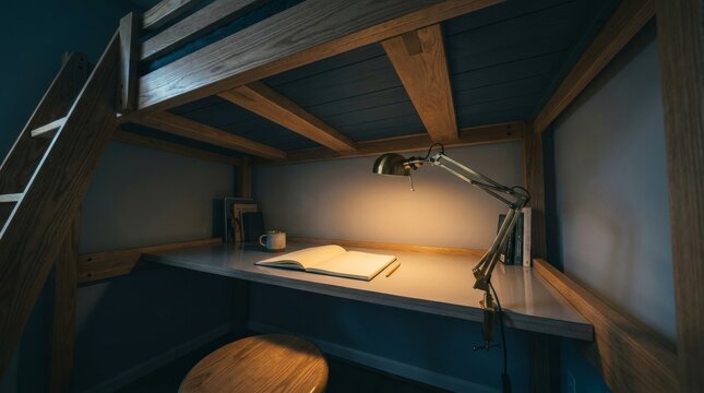 Wooden loft bed study nook with brass lamp open notebook and ceramic mug