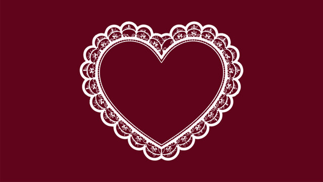 White lace heart frame on a deep maroon background