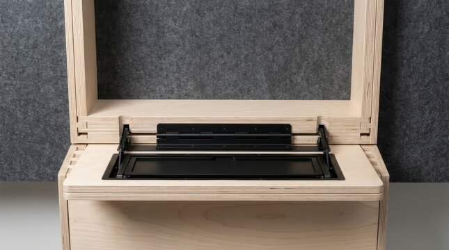 Plywood storage box with black fold-down hinge plate against felt panels