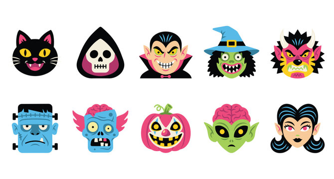 Set of ten colorful halloween monster character heads and spooky creatures with halloween decor black cat halloween character creature collection