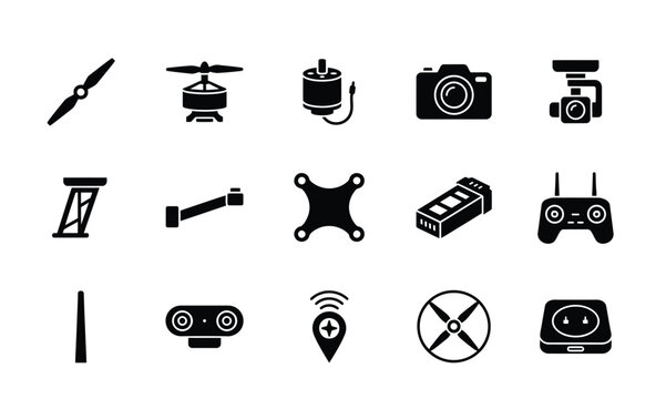 Set of black drone and quadcopter icons representing parts accessories and remote control equipment for aerial photography