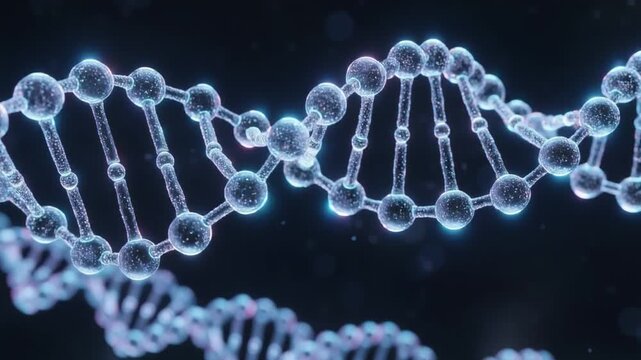 Glowing blue DNA double helix structure with molecular bonds for medical biotechnology