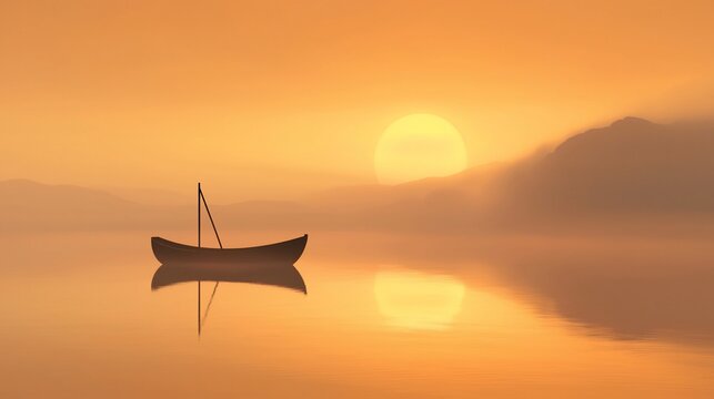Solitary boat on calm lake at sunset.